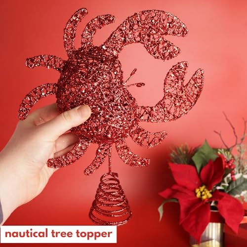 Needzo Nautical Christmas Tree Topper, Hollow Glittered Red Crab, Coastal Holiday Home Decor, 11 x 2.5 x 10 Inches - Image 6