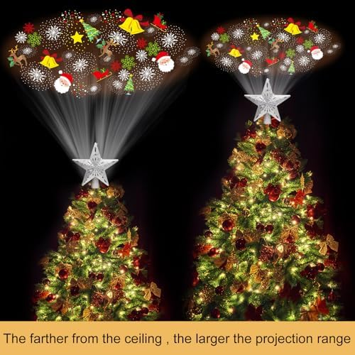 Wninbu Christmas Tree Topper Star Lighted with 6 Projection Modes,Christmas Star Tree Topper Projector Built-in LED Rotating Lights,3D Glitter Dynamic Projector Party Christmas Decorations (Silver) - Image 2