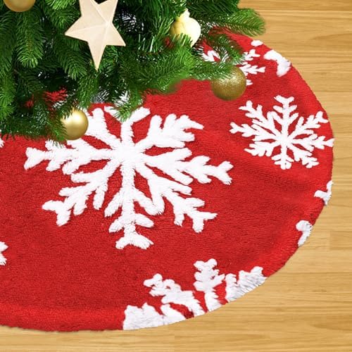 Small Tree Skirt Red Christmas Tree Skirt 24 inch Faux Fur Snowflakes Round Xmas Tree Skirt for Indoor Outdoor Party Christmas Tree Decorations by LJIE-House