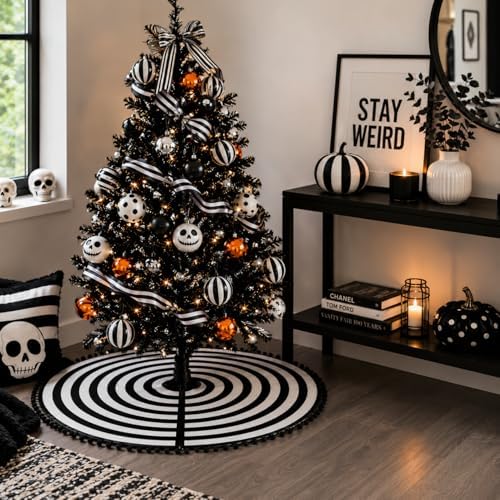 30 Inch Black and White Christmas Tree Skirt with Pom Poms - Image 2