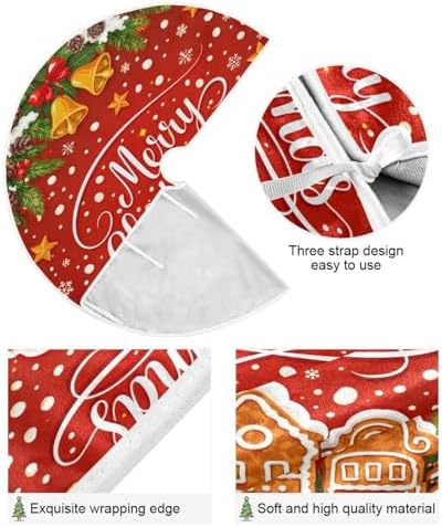 Gingerbread Holly Berry Bell Christmas Tree Skirt Large Xmas Tree Skirts Decorations 48 in Burlap Tree Mat Cover for 4 ft Trees Holiday Party - Image 3