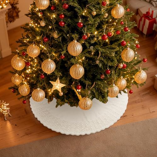 NIBESSER Ivory Knit Christmas Tree Skirt 48" for Christmas Decorations - Yarn Thick Rustic Cable Knit White Tree Skirt Mat for Home Party Holiday Ornaments - Image 6