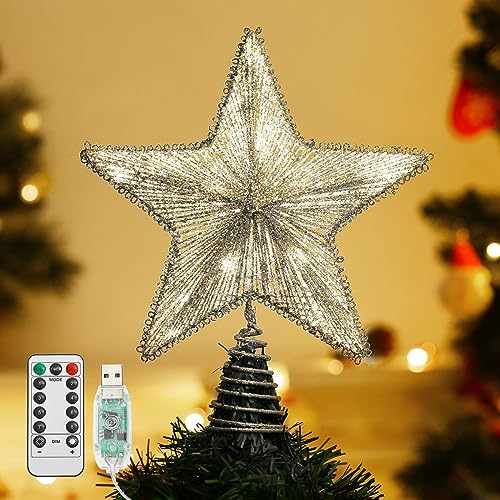 Lewondr Lighted Christmas Star Tree Topper with Remote & Timer, Silver by Lewondr