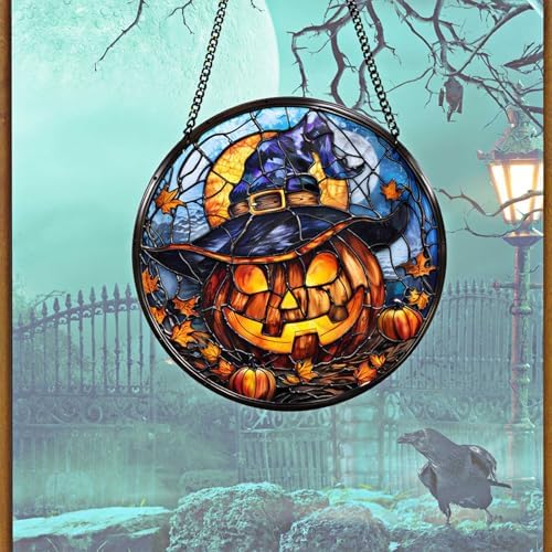 7.9inch Halloween Acrylic Stained Glass Window Hanging Decor Glow in Dark Spooky Pumpkin Wearing a Witch Hat Ornament with Metal Chain & Suction Cup Hook Wall Door Yard Pendant(B) - Image 2