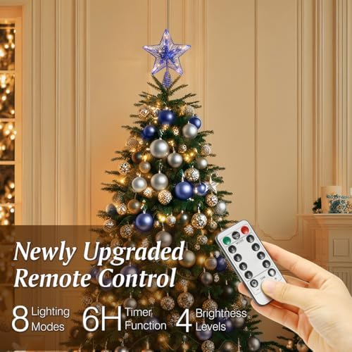 Lewondr Lighted Christmas Star Tree Topper with Remote & Timer, Blue - Image 3
