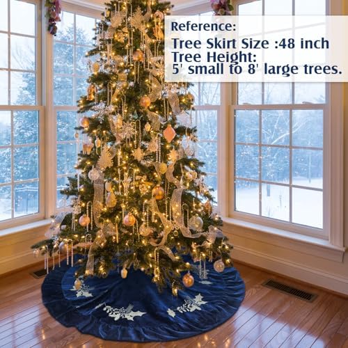 48 Inches Velvet Christmas Tree Skirt Blue with Gold Embroidered Holly Fur Plush Tree Skirt Luxury Xmas Skirts for Merry Christmas Party Vintage Holiday Decorations - Image 4