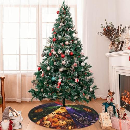 Halloween Skull Cat Christmas Tree Skirt Mat for Thanksgiving Party Decor, Home Tabletop Trees Holiday Decorations 30" - Image 2