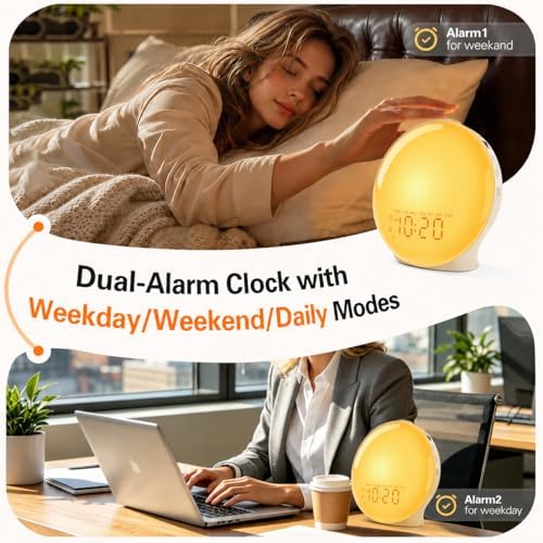 JALL Full-Screen Wake Up Light Sunrise Alarm Clocks for Bedrooms, White Noise Machine for Heavy Sleepers, 25 Natural Sounds, Dual Alarms, FM Radio, 17 Dimmable Colors, Bluetooth Speaker - Image 4