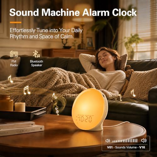 JALL Full-Screen Wake Up Light Sunrise Alarm Clocks for Bedrooms, White Noise Machine for Heavy Sleepers, 25 Natural Sounds, Dual Alarms, FM Radio, 17 Dimmable Colors, Bluetooth Speaker - Image 6