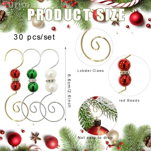 Furimuk 30 Pcs Christmas Ornament Hooks Hangers- Red Green White Jewels Beads, Silver & Gold Wire Hangers with Lobster Claws for Stockings & Balls Xmas Christmas Tree Decoration - Image 2