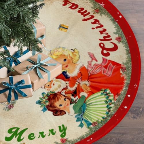 Vintage Christmas Tree Skirt Christmas Decorations - Red Vintage Style Xmas Tree Skirt Mat with Santa Claus Girls Snowflake Pattern for Indoor Outdoor Merry Christmas Holiday Party Decor 48 Inches by Racenaf