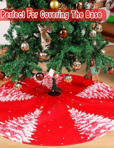 Multiwins Christmas Tree Skirt 48 Inch, Red Christmas Tree Skirt with Christmas Tree Design, Thick Flannel Fabric, Rustic Farmhouse Xmas Tree Skirt for Holiday Decorations, Indoor Christmas Party - Image 4