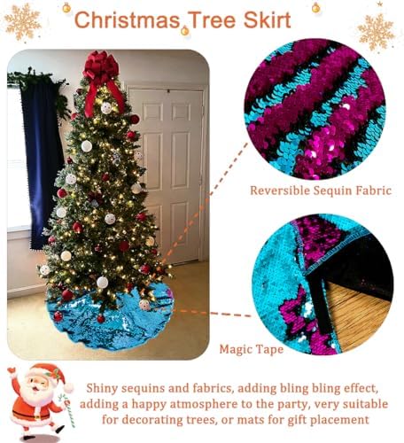 Sequin Tree Skirt 48 Inches Turquoise to Hot Pink Christmas Tree Skirt 48 Inches Large Tree Skirt for 6ft Xmas Tree Decorations Glitter Tree Cover Indoor or Outdoor - Image 4