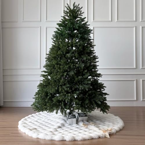 60-Inch Puff Quilt Faux Fur Christmas Tree Skirt, Soft Plush Tufted Texture with Satin Ribbon Ties, Cream - Image 2