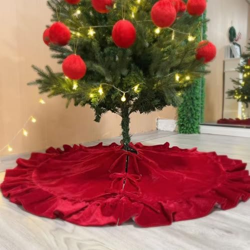 60 Inch Large Christmas Tree Skirt, Red Velvet with Ruffled Edge for Big Trees Decorations for Home Party Festival - Image 4