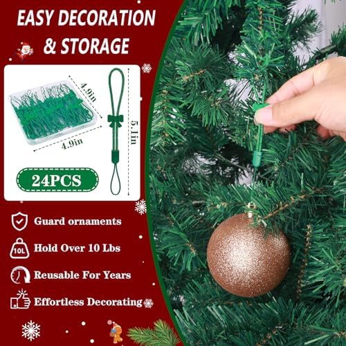 24 Pack Christmas Ornament Hooks, Adjustable No Slip Strings, Shiny Green - Image 4