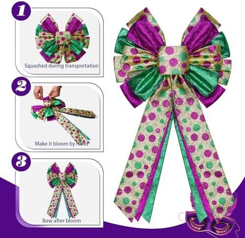 Mardi Gras Tree Topper Bow Decorations,12?€?x20?€? Large Glitter Wreath Bow Decor for Tree Holiday Party Wall Home Front Door Float Golf Cart Gold Green Purple - Image 3