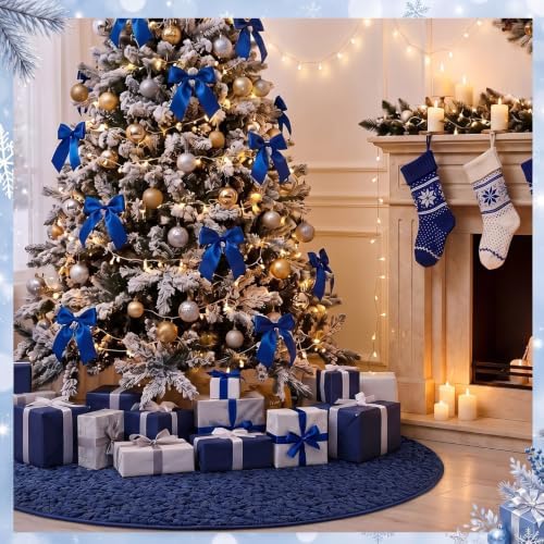 Skylety 48'' Christmas Tree Skirt Rug Embossing Xmas Tree Skirt, Navy - Image 4