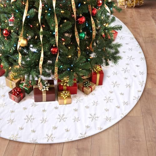 72 Inches Christmas Tree Skirt for Xmas Tree Holiday Party Decorations White Plush Gold Sequin Snowflake by Unknown
