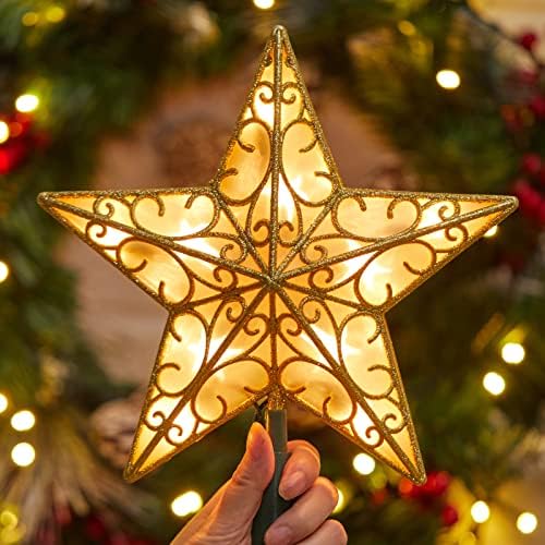 Christmas Star Tree Topper, 9.5 in Plug in Golden Glittered 3D Star Tree Topper, Metal Hollow Designed Built-in 10 Bulbs String Lights for Indoor Office Christmas New Year Holiday Tree Decoration - Image 4