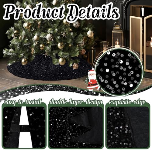 Halloween Tree Skirt 48 Inch Black Sequin Xmas Tree Skirt Soft Velvet Fabric Large Glitter Tree Skirts for 6ft Christmas Tree Decor - Image 3