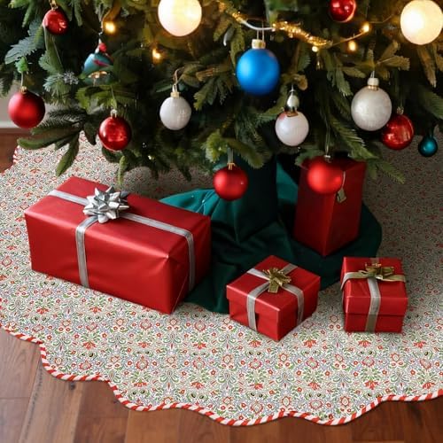 MiniInflat Quilted Christmas Tree Skirt - Vintage Floral Block Print Christmas Tree Skirt with Scalloped Edge Thicken Cotton for Home Decorations Holiday Party Gift(60 Inch,Gingham Floral,Orange) - Image 6