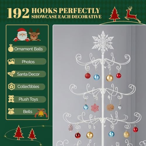 VINGLI 6ft Metal Christmas Ornament Tree Stand, Decorative Iron Display Tree w/ 192 Branches, Snowflake Topper, Ornament Display for Hanging Balls, Wrought Iron Xmas Tree Holiday Decorations, White - Image 3
