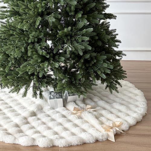 60-Inch Puff Quilt Faux Fur Christmas Tree Skirt, Soft Plush Tufted Texture with Satin Ribbon Ties, Cream by StarryDynamo