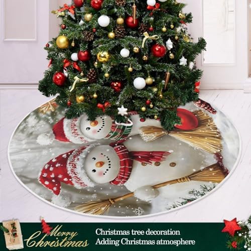 Family Snowmen Christmas Tree Skirt Small Xmas Tree Skirts Decorations 36 in Burlap Tree Mat Cover for 4 ft Trees Holiday Party - Image 2