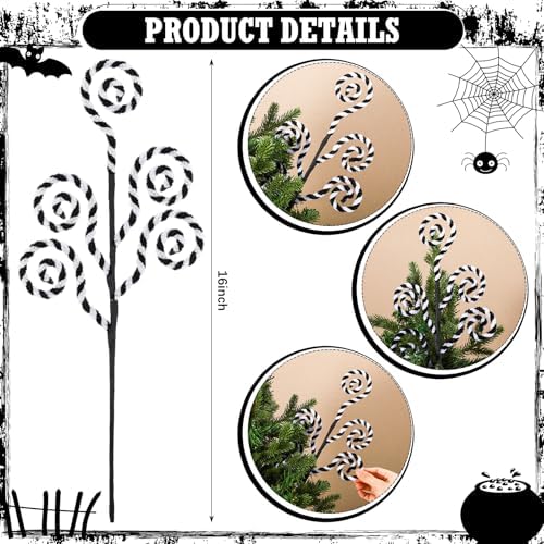 6 Pcs Christmas Tree Picks Decor Halloween Worm 16'' Black White Christmas Ornament Tree Topper Lollipop Stick Candy Cane Plush Decor Woolen Bells Curly Pick Branch for Vase Wreath Home DIY Craft - Image 3