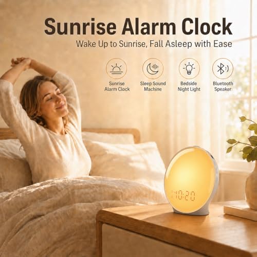 JALL Full-Screen Wake Up Light Sunrise Alarm Clocks for Bedrooms, White Noise Machine for Heavy Sleepers, 25 Natural Sounds, Dual Alarms, FM Radio, 17 Dimmable Colors, Bluetooth Speaker - Image 3