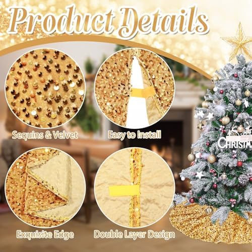 Christmas Tree Skirt 48 Inches Large Tree Skirt Gold Velvet Sequin Tree Skirt Xmas Tree Mat for Merry Christmas Party Christmas Tree Decoration - Image 5
