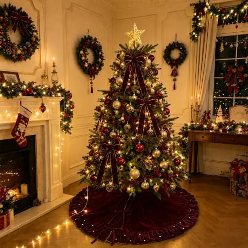 Christmas Tree Skirt, Wine Red Velvet with Ruffled Pearl 60 Inch - Image 7