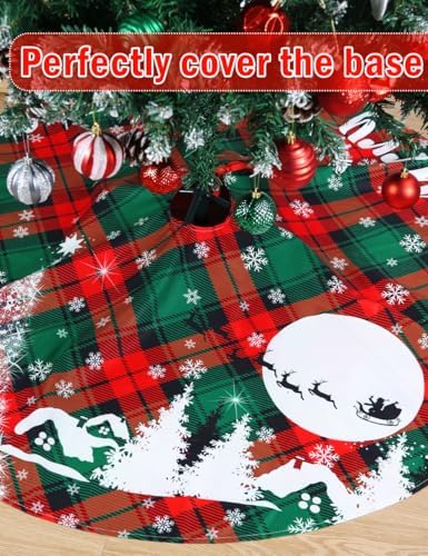 Multiwins Christmas Tree Skirt, 48 Inch Red and Green Buffalo Plaid Tree Skirt with Snowflake and Reindeer Design, Large Xmas Tree Skirt for Holiday Party Christmas Tree Decorations - Image 3