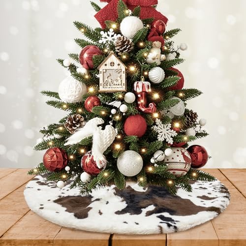 Christmas Tree Skirt 24 inch Cows Print Tree Skirts White and Black Faux Fur for Holiday Party Decoration by Amidaky