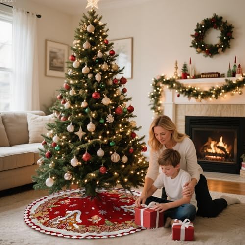 Red Gingerbread Christmas Tree Skirt Decorations House Decor Christmas Gingerbread Tree Ornaments Holiday Party Indoor Outdoor Xmas Trees Mat 36 inches - Image 3