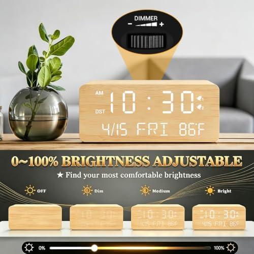 Andoolex Wooden Digital Alarm Clock with Wireless Charging, 0-100% Adjustable Brightness Dimmer and Alarm Volume, Weekday/Weekend Mode, Dual Alarm, Snooze, 12/24H, Wood LED Clock for Bedroom (Bamboo) - Image 5