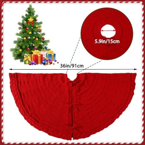 YUJUN 36 Inches Christmas Knitted Tree Skirt Decorations Xmas Large Red Chunky Cable Farmhouse Thick Rustic Tree Skirt for Merry Christmas Tree Holiday Home Party Decoration - Image 2