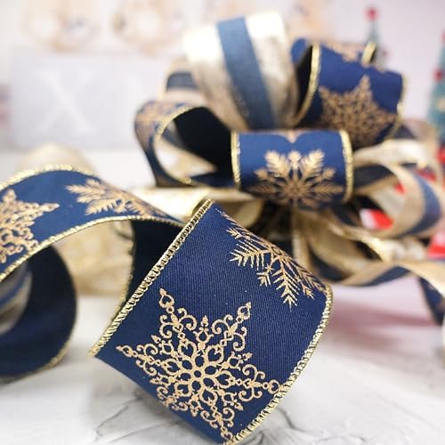 11" sq. Christmas Tree Topper Bow with 4 Tails (3 Yards Long Each) Royal Navy Blue and Gold Snowflake for X'Mas D'ecor Wreath Luxury Gift - Image 4