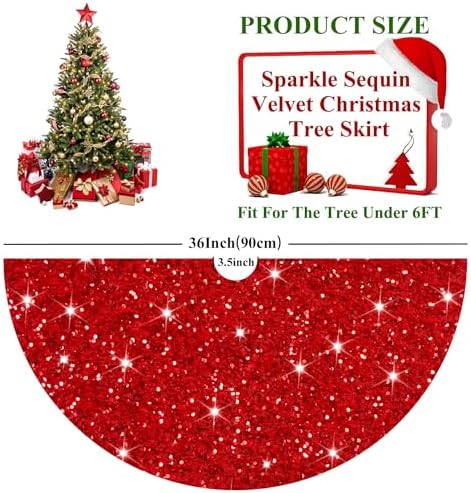 FUHSY Red Tree Skirts Christmas Sequined Tree Decorations 36 Inches Diameter Velvet Fabric Glitter Embroidered and Sequined Tree Cover Skirts Soft Shimmer Tree Mat for All Occasions - Image 2