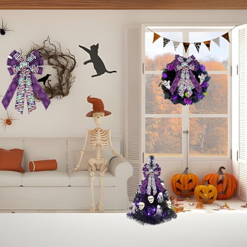 Large Halloween Tree Topper Bow, Purple Spider Web Wreath Bow - Image 5