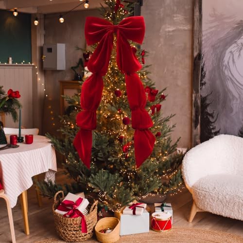 Knitgrip Extra Large Velvet Christmas Tree Topper Bow, Red, 71 Inch - Image 4