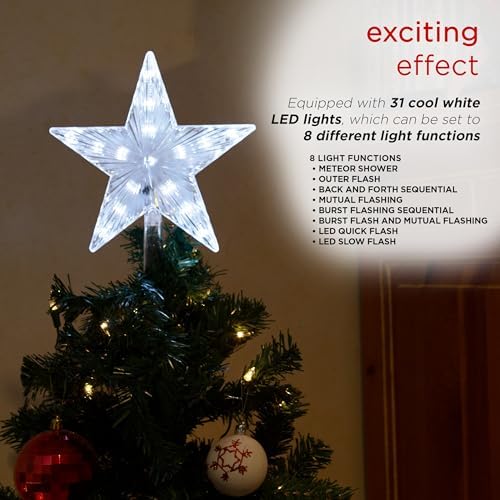Alpine Corporation 8" H Flashing 5-Point Star Tree Topper with 31 Cool White LED Lights, Christmas Decoration - Image 4