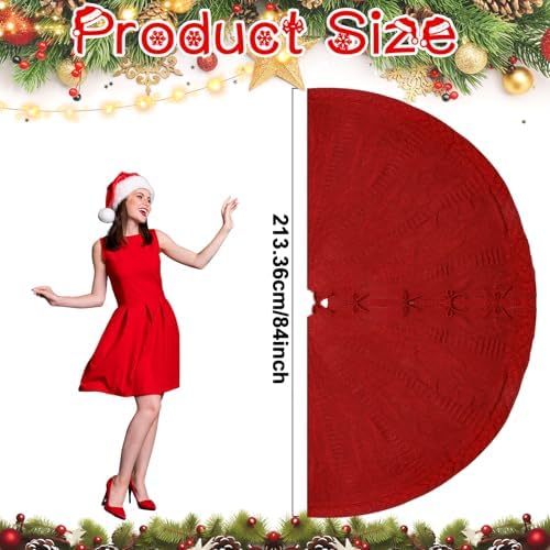 84 Inch Christmas Tree Skirt Extra Large Red Chunky Merry Christmas Knitted Tree Skirt Vintage Giant Claret Braided Cable Knit Rustic Farmhouse Xmas Ornaments for Home Holiday Winter Party Decoration - Image 2