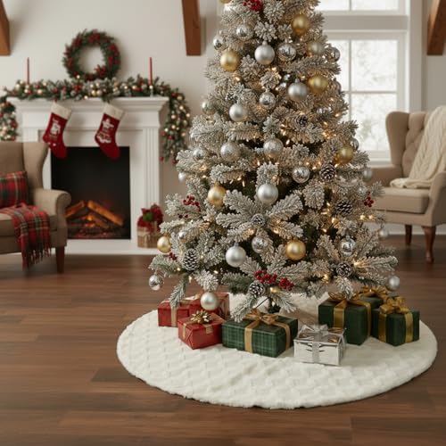 48 Inch Christmas Tree Skirt Faux Fur with Cable Knit Knitted Thick Decoration for Merry Christmas Decorations - Image 3