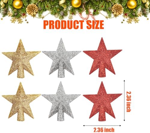 6 Pcs Mini Christmas Tree Topper Star Tree Topper 2.36 Inch Small Glitter Gold Silver Red Star for Christmas Tree Top Holiday Ornaments Decoration - Image 2