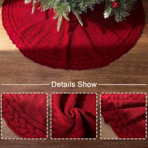 48 inch Christmas Tree Skirt: Braided Cable Knit Tree Skirt for 7.5ft Tree, Wine Red Tree Skirt, Vintage Tree Skirts, Rustic Farmhouse Christmas Decorations - Image 2