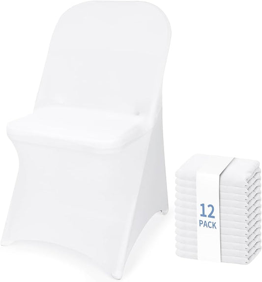 Fixwal 12 Pcs White Folding Chair Cover, Spandex Stretch Covers Ideal for Wedding, Party, Dining, Business Meeting, Banquet, Universal Fitted Washable Slipcover
