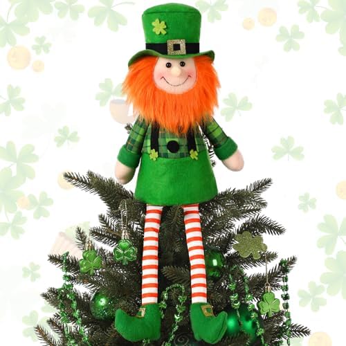 Soulchen 18.9 Inch Large St Patricks Day Tree Topper Leprechaun Gnome Tree Topper with Dangling Legs Oversized Irish Green Shamrock Sitting Decoration for St. Patrick's Day Holiday Party Decor by Soulchen