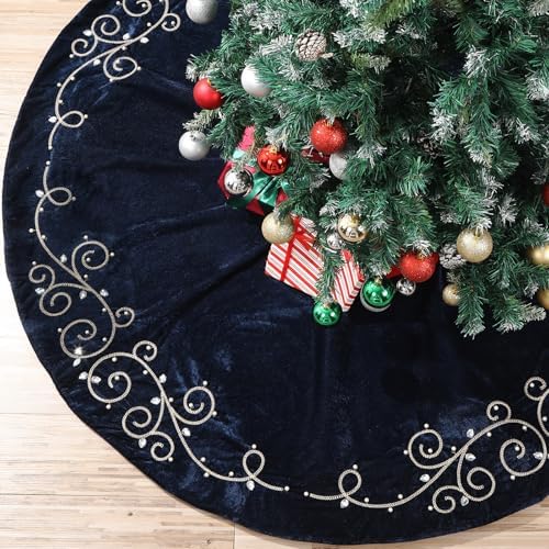 72inch Extra Large Christmas Tree Skirt Navy Blue Luxury Velvet Plush Fur Skirts Baroque Tree Skirts with Gold Embroidered Pearls and Crystals Trees Skirt for Christmas Holiday Party Home Decoration - Image 5